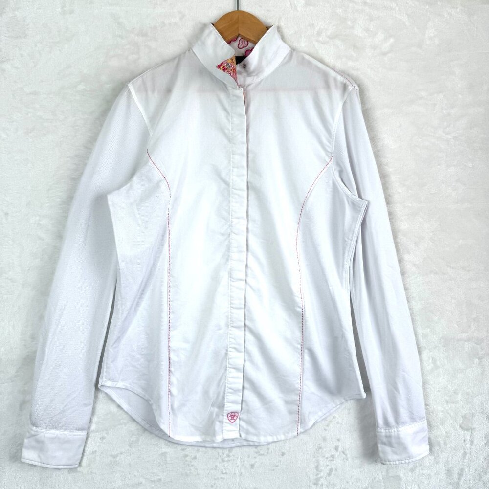 Ariat Pro Series Equestrian Wrap Collar Mesh Sleeves Show Shirt Womens XS White